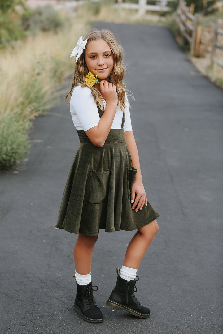 Polly Pinafore Olive Corduroy Dress