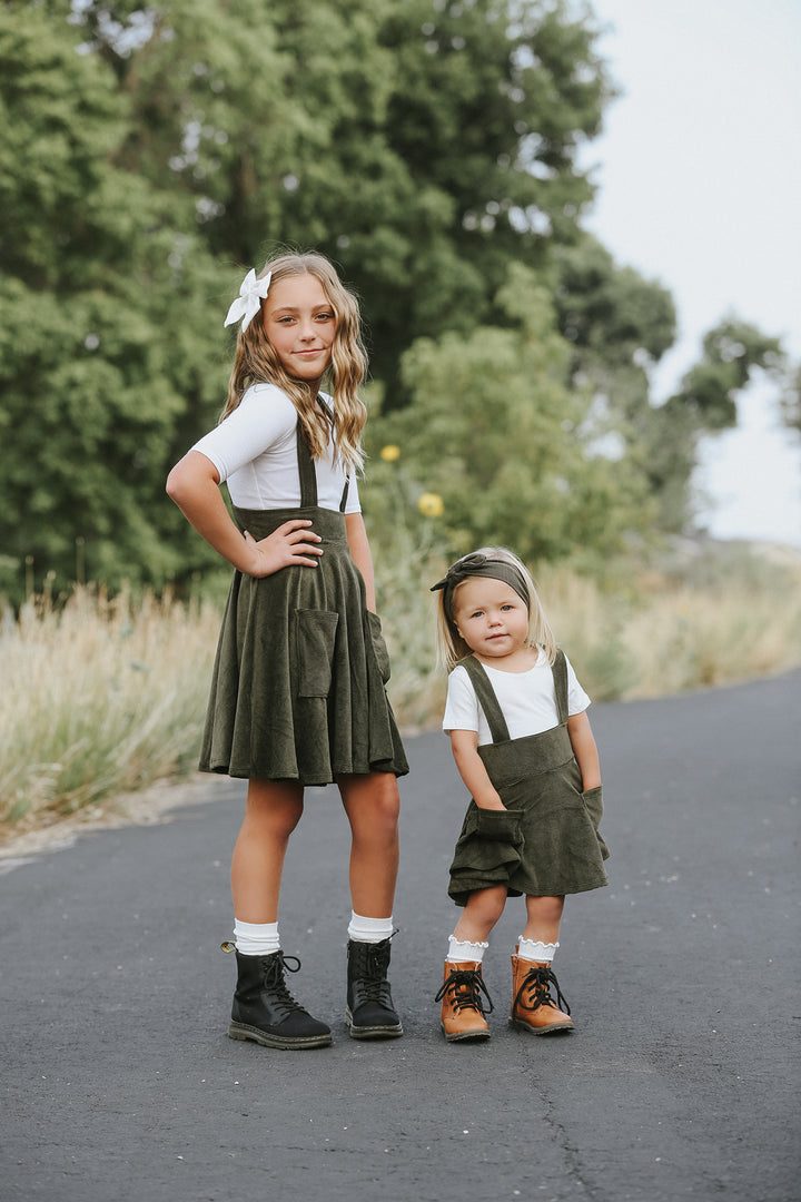 Polly Pinafore Olive Corduroy Dress