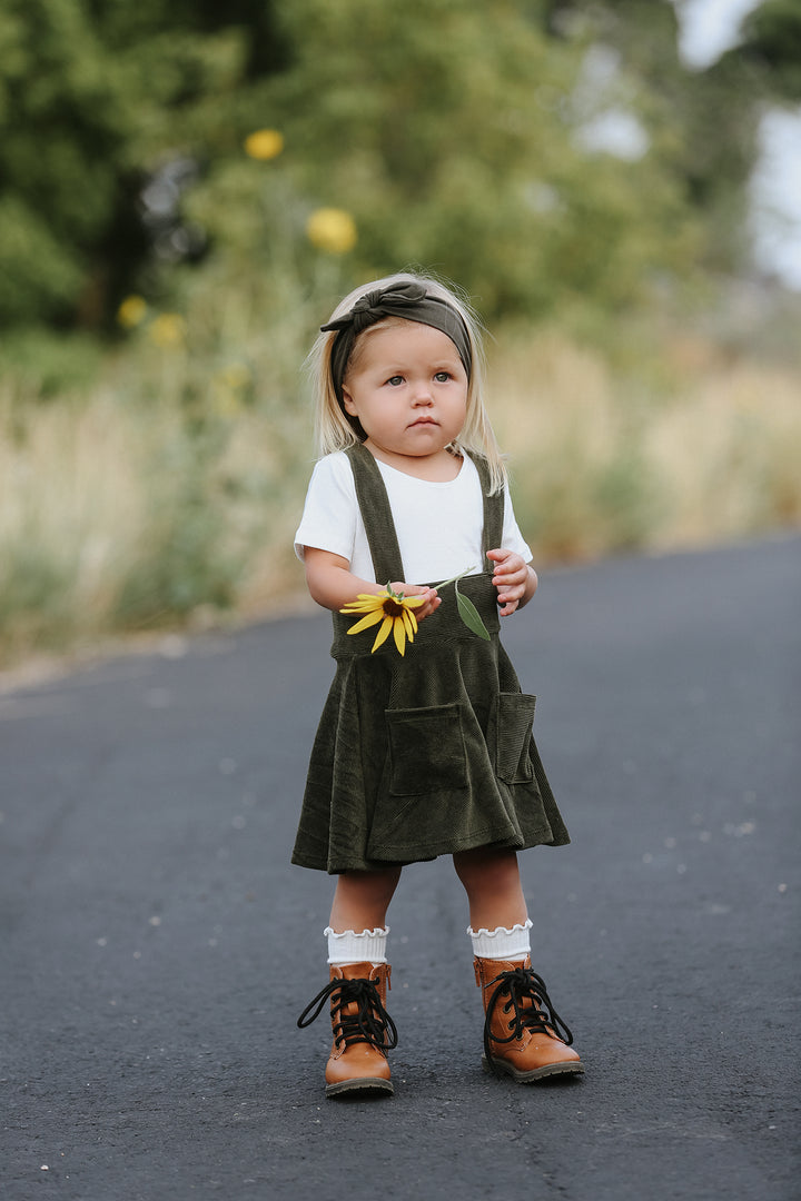 Polly Pinafore Olive Corduroy Dress